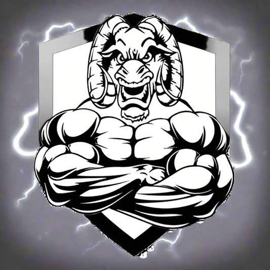 Muscular ram logo with a shield on a white background
